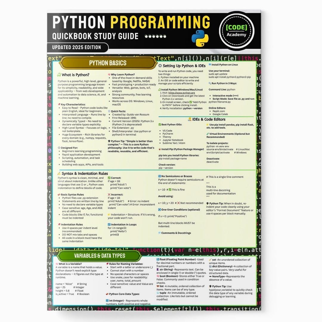 Python Programming Quick Book 2025 | Laminated Cheatsheet Reference Guide (Free Hacking Course & Tools)